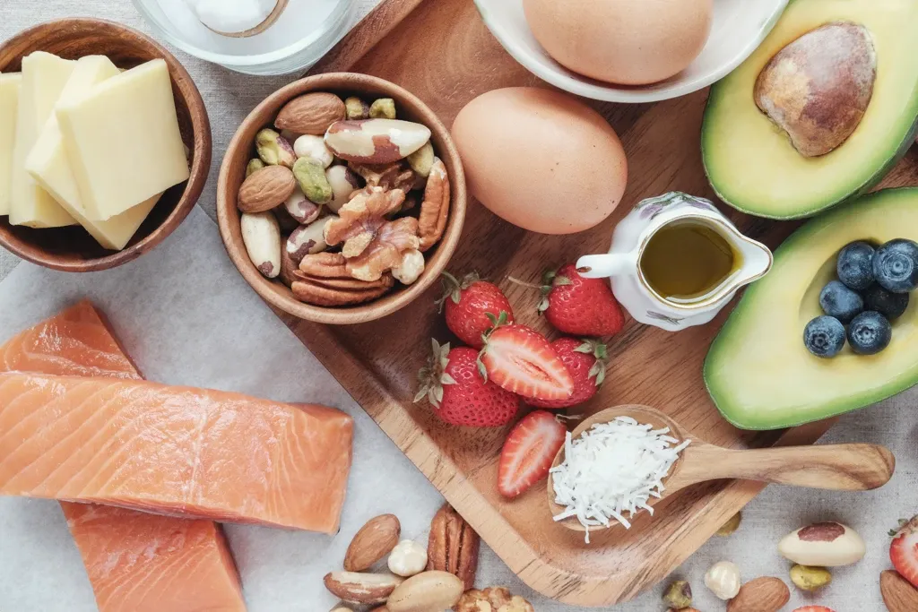 healthy food, salmon, avocado, nuts